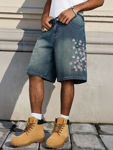 Manfinity EMRG Men's Streetwear Casual Embroidered Blue Denim Shorts - Medium Wash - View 5