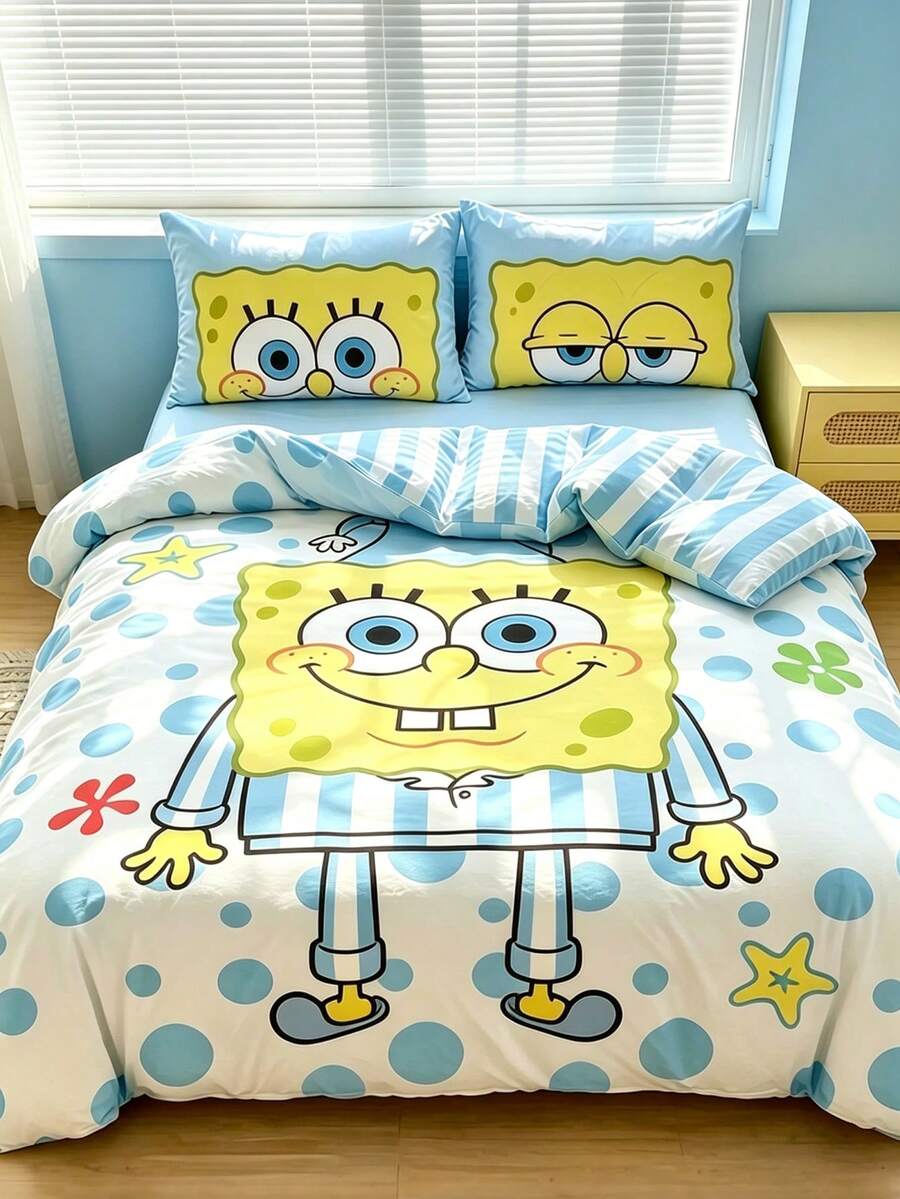 SpongeBob SquarePants | SHEIN 三件套動物卡通印花被套,拋光材質,柔軟保暖,藍色被套,雙面圖案,多種尺寸可選,適用於單人床/雙人床/加大床,絕佳禮物 - 淺藍色 - 查看 1