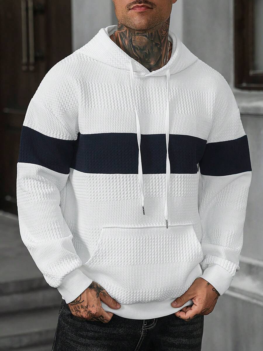 Manfinity Homme Men's Mature Casual Textured Colorblock Patchwork Hoodie - White - View 1