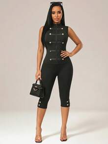 SHEIN SXY Two-Piece Set: Black Stretchable Knitted High-Neck Sleeveless Fitted Button-Front Pullover And A High-Waist Seven-Inch Long Base Pant, Golden Buttons. - Black - View 8