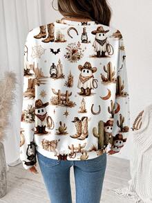 SHEIN LUNE Women's Halloween Bull Head & Pumpkin Goblin Print Sweatshirt, Autumn/Winter - White - View 2