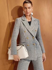 MOTF PREMIUM BLAZER WANITA ELEGAN MOTIF HOUNDSTOOTH HITAM PUTIH UNTUK PERJALANAN MUSIM GUGUR/DINGIN - Grey - View 1