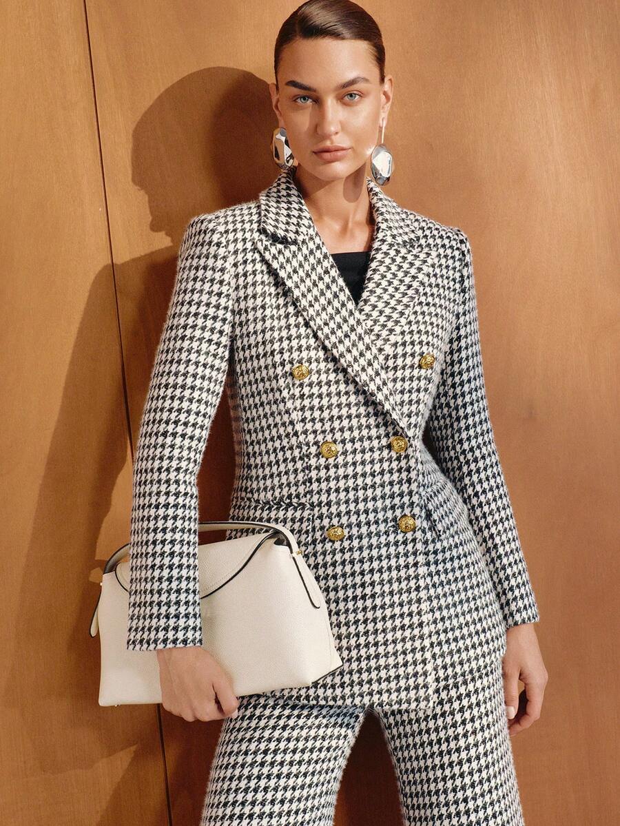 MOTF PREMIUM BLAZER WANITA ELEGAN MOTIF HOUNDSTOOTH HITAM PUTIH UNTUK PERJALANAN MUSIM GUGUR/DINGIN - Grey - View 1