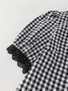 SHEIN Franclia 2026新款女士法式蕾丝边格纹短袖衬衫，优雅别致青春上衣 - 黑色 - 查看 4