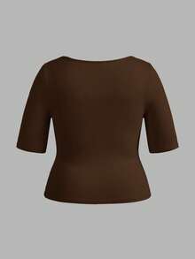 SHEIN BASICS 3pcs Casual Solid Color Knit Square Neck Short Sleeve Slim Fit Plus Size T-Shirts - Multicolor - View 5