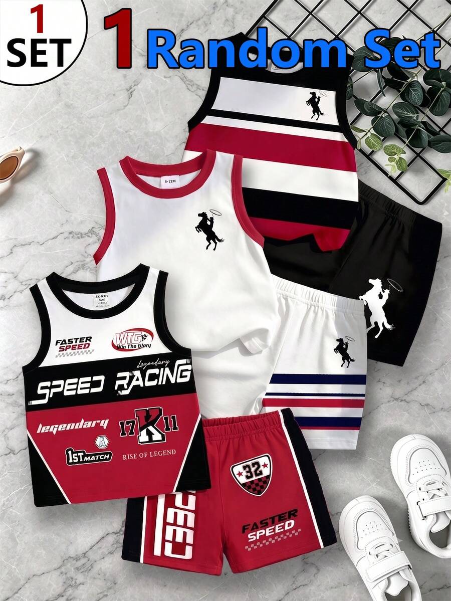 Baby Boys Random Speed Racing Striped Colorblock Horse Print Crew Neck Sleeveless Tank Top And Shorts 2pcs Set Summer Sports Outfits - Multicolor - View 1
