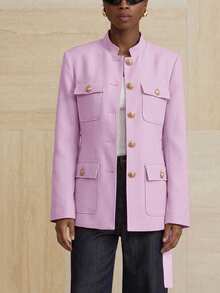 Aveloria Modichic Small Stand Collar Tweed Single-Breasted Metal Button Decor Belted Utility Style Jacket - Pink - View 4