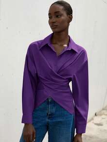 Aveloria Modichic Solid Criss Cross Wrap Front Shirt Workwear  - Purple - View 4