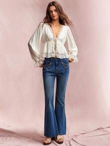 Willow Rêve Women's Navy Blue High-Waist Flared Jeans, Solid Washed Denim Chain-Decor Button Pockets, Retro Street 90s Vintage 70s Summer Everyday Night Out - Blue - View 3
