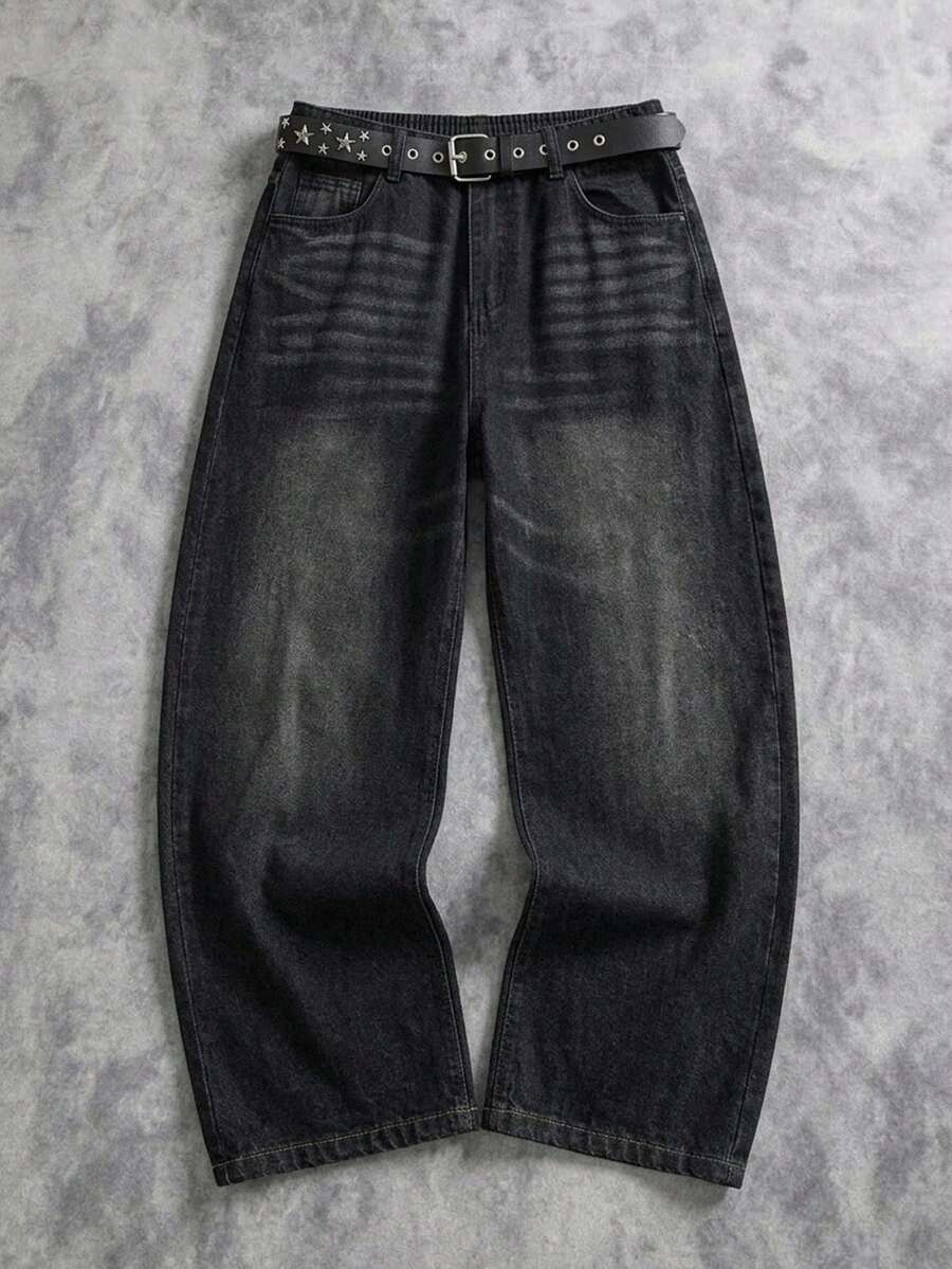 Manfinity ZONE917 Y2K复古街头风男士浅蓝色桶形宽松牛仔裤 - 黑色 - 查看 1