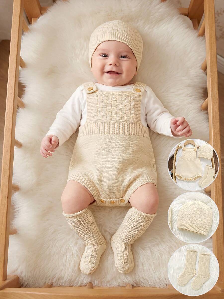 SHEIN Vintaside Kids Newborn Baby Button Design Casual Knit Romper - Apricot - View 1