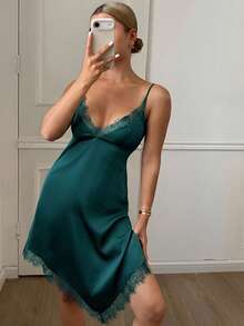 DAZY Summer Charming Satin & Lace Patchwork Ruffle Sleeve Robe Set With Tie & Camisole Short Nightwear For Women - Green - View 6