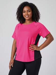 SHEIN Sports Plus Size Women's Solid Color Sexy Tummy Control Sports T-Shirt Gym Pink Summer - Hot Pink - View 1