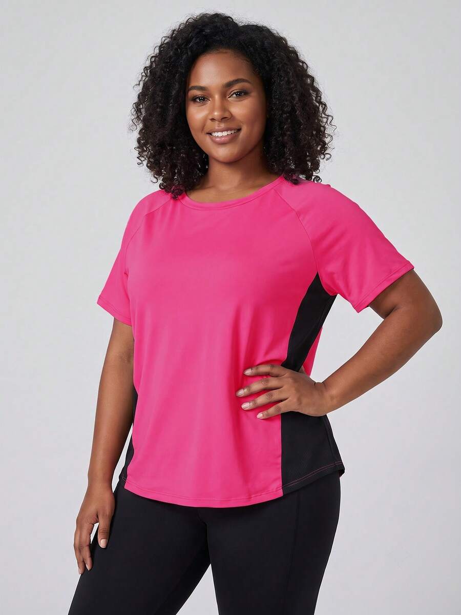SHEIN Sports Plus Size Women's Solid Color Sexy Tummy Control Sports T-Shirt Gym Pink Summer - Hot Pink - View 1