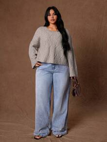 Rustia Sweater Pullover Leher Bulat Rajut Kabel Model Tali Kepang Ukuran Besar untuk Wanita, Cocok untuk Pemakaian Sehari-hari, Bepergian, dan Pakaian Rumah di Musim Dingin - Unta - View 7