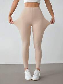 SHEIN PETITE 女款純色高腰休閒百搭內搭褲 - 駝色 - 查看 6