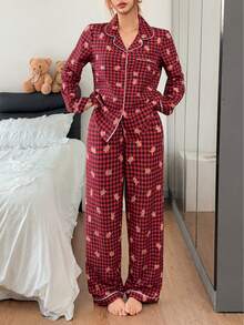 Napfluff Women's Bubble Crinkle Christmas Pattern Printed Long Sleeve Long Pants Plaid Pajama Set - black red - View 2
