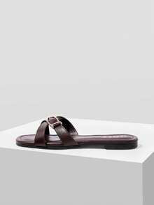 MOTF WOMEN'S SHOES COFFEE BROWN BUCKLE EMBELLISHED CROSS-BAND FLAT SLIPPERS - DAILY/BEACH CASUAL COMFORT SUMMER SANDALS - Coffee Brown - View 2