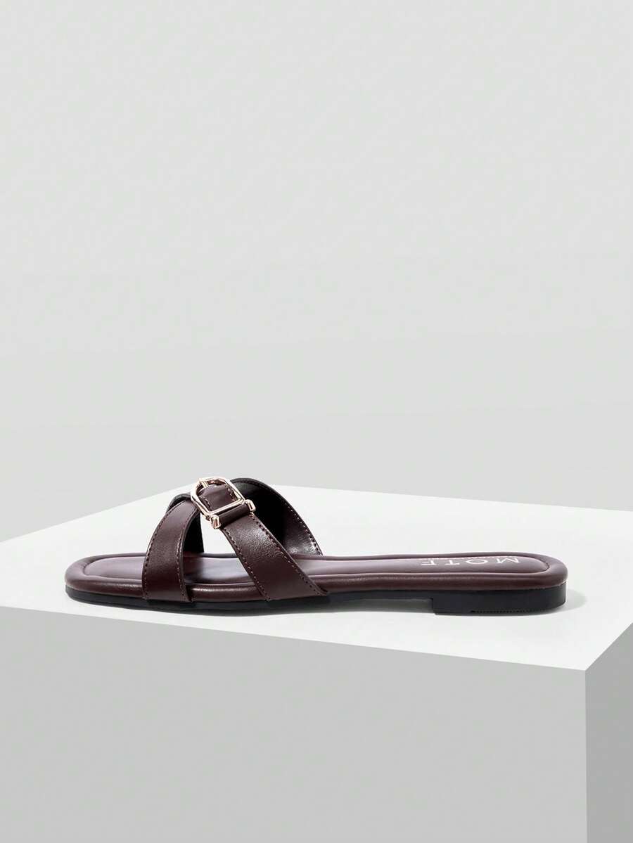 MOTF WOMEN'S SHOES COFFEE BROWN BUCKLE EMBELLISHED CROSS-BAND FLAT SLIPPERS - DAILY/BEACH CASUAL COMFORT SUMMER SANDALS - Coffee Brown - View 2