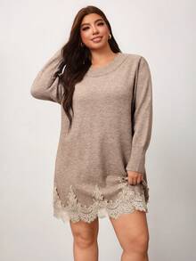 Enliva Plus Size Women's Contrast Lace Hem Round Neck Long Sleeve Knit Dress Winter - Apricot - View 6