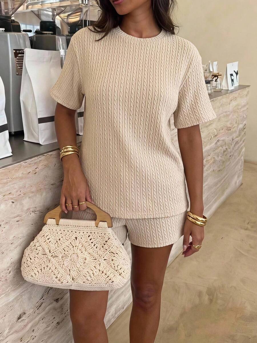 SHEIN EZwear Women's Vintage Casual Fashion Cable Knit Round Neck Short Sleeve Top And Shorts Set Brunch Lounge Beige Summer
