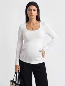 Modmama 2pcs Pregnant Women Skinny Long Sleeve Square Neck Casual T-Shirt Set, For Maternity Fall - Black and White - View 5