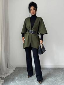 Elenzga Olive Green Batwing Sleeve Faux Pocket Decor Cardigan Overcoat Jacket Office Fall Casual - Green - View 5
