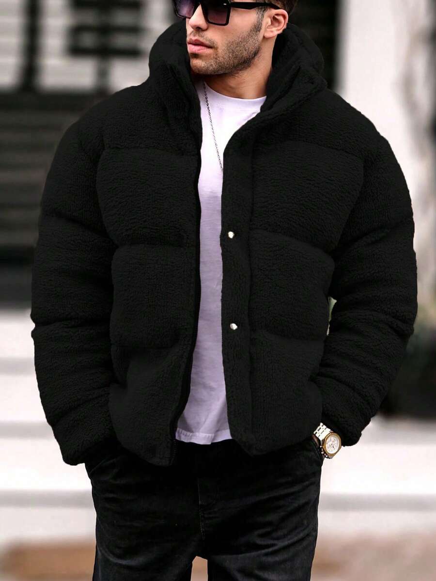 Manfinity Homme 男士寬鬆版型長袖前開扣泰迪填充外套,冬季黑色羽絨外套,適合秋季 - 黑色 - 查看 1