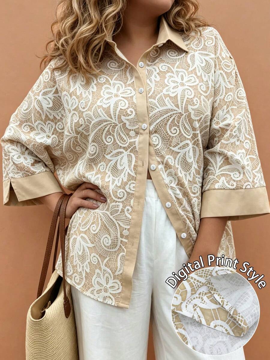 SHEIN LUNE Women's Plus Size Casual Versatile Vintage Elegant Lace Style Random Print Lapel 3/4 Sleeve Loose Fit Blouse, Suitable For Spring And Summer Fall - Multicolor - View 1