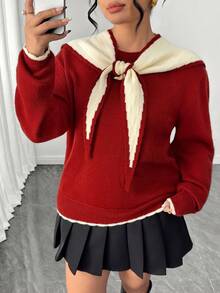 Elenzga Plus Size Colorblock Shawl Collar Round Neck Long Sleeve Slimming Versatile Knit Sweater Winter - Red - View 7
