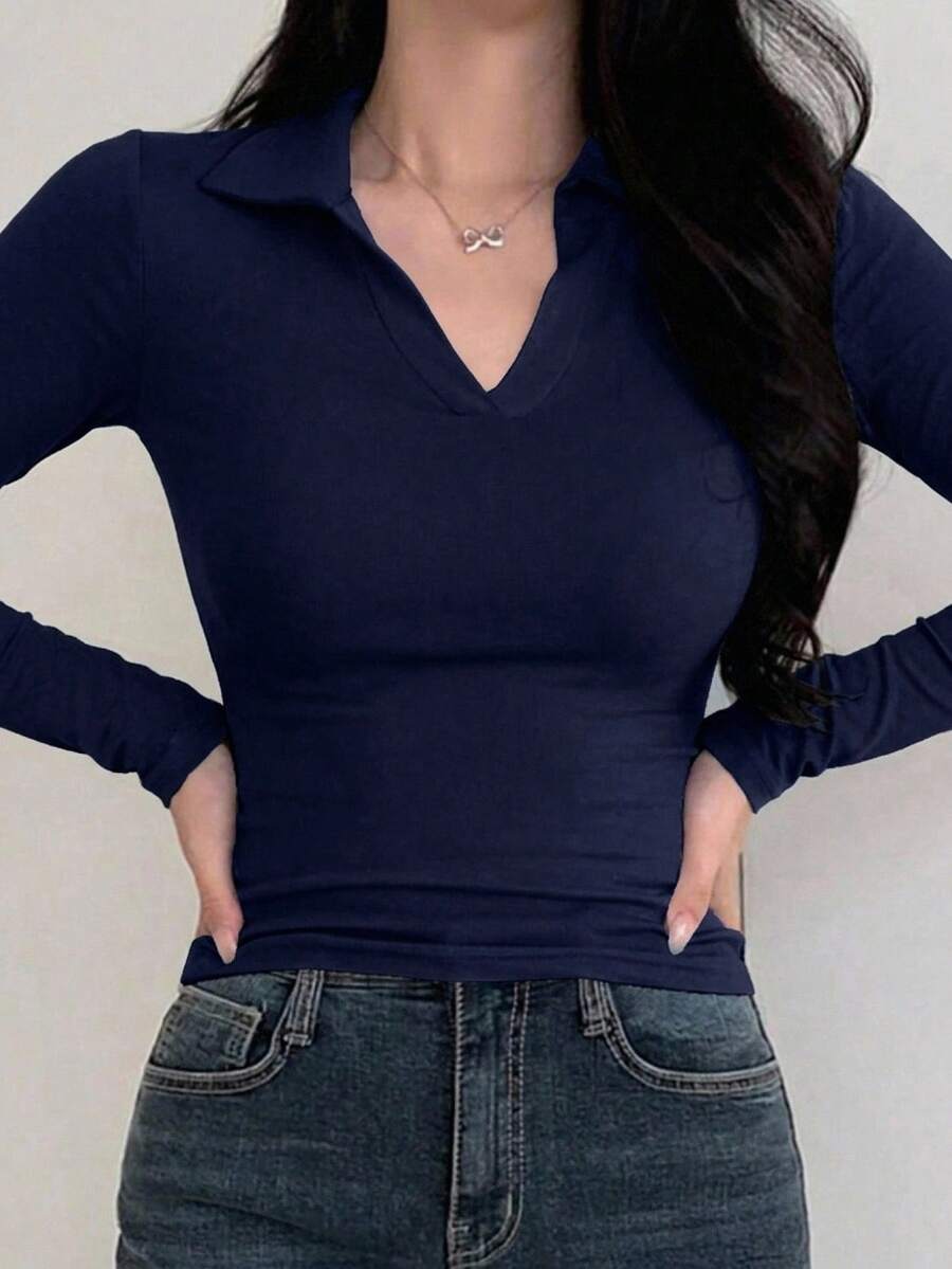 DAZY 女款修身純色 Polo 領長袖極簡風 T 恤 - 寶藍色 - 查看 1