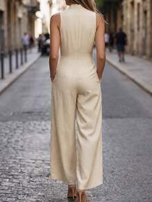 Balvessa Lady's Elegant Summer Sleeveless Khaki High-Waisted Pleated One-Piece Pants. Suitable For Vacations, Afternoon Tea, And Daily Commuting - Khaki - View 2