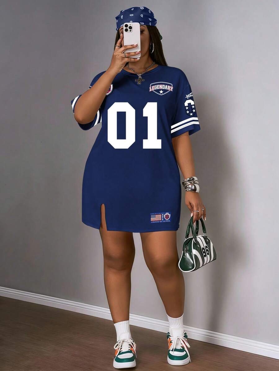 Slaydiva Plus Size Summer Casual Numeric Print Split Hem Dress - Blue - View 1