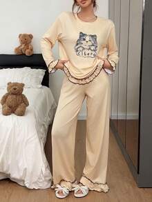 Napfluff Set Piyama Rajut Lengan Panjang Wanita Motif Kucing di Bagian Dada dengan Celana Panjang - Aprikot - View 2