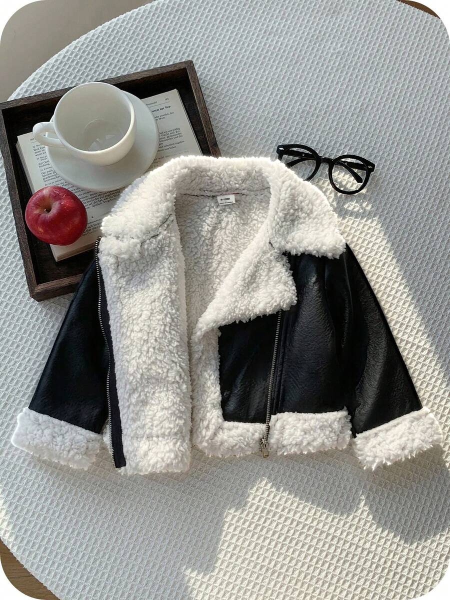SHEIN 女嬰秋冬可愛百搭拼色保暖內裡人造毛外套 - 黑色 - 查看 1