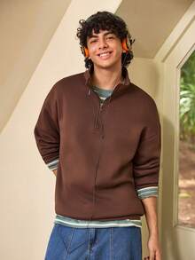 Whitmere Men's Stand Collar Zipper Half Placket Casual Versatile Commute Autumn/Winter Long Sleeve Sweatshirt - Brown - View 1