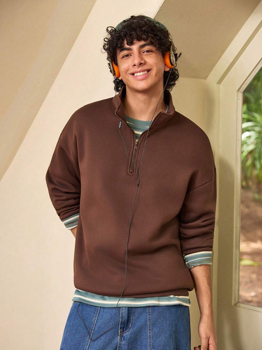 Whitmere Men's Stand Collar Zipper Half Placket Casual Versatile Commute Autumn/Winter Long Sleeve Sweatshirt - Brown - View 1