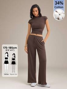 SHEIN Tall Women's Solid Color Stand Collar Cap Sleeve Top And Pants Casual 2 Pieces Set - Brown - View 1