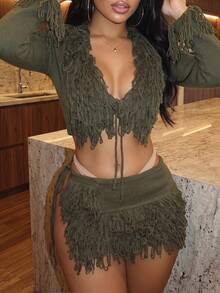Slaydiva Women Army Green Fringe Knit Two Piece Set V‑Neck Cropped Cardigan Drawstring Mini Skirt Matching Outfit Club Party Holiday Tassel Matching Going‑Out - Army Green - View 7
