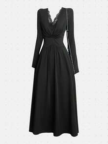 GlowEve Women's Solid Color Contrast Lace V-Neck Long Sleeve Elegant Dress - Black - View 1