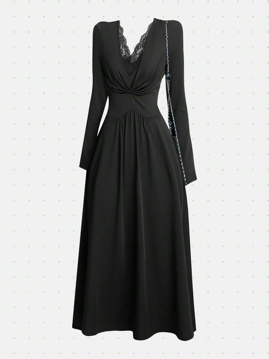GlowEve Women's Solid Color Contrast Lace V-Neck Long Sleeve Elegant Dress - Black - View 1