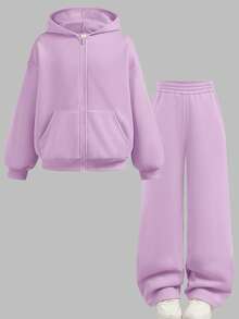 SHEIN 青少年女孩純色拉鍊口袋連帽衛衣與運動長褲套裝 - 紫色 - 查看 2