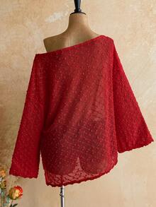 Soleia Long Sleeve Asymmetrical Shoulder Knit Jacquard Loose Fit Split Hem Top - Red - View 2