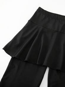 SHEIN 少女緊身褲，休閒優雅 2 合 1 蝴蝶結圖案裙褲，適合春、秋、夏季穿著，完美適合作為外出穿搭 - 黑色 - 查看 7