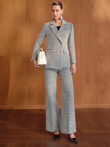 MOTF PREMIUM BLAZER WANITA ELEGAN MOTIF HOUNDSTOOTH HITAM PUTIH UNTUK PERJALANAN MUSIM GUGUR/DINGIN - Grey - View 6