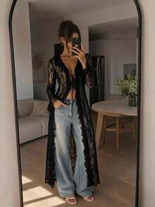 Lavishia Women's Elegant Sexy Long Lace Ruffle Top,Fall/All-Season Rave Renaissance Fair Hippie Music Festival Gyaru Party Lace Straps Ruffle Ribbon Long Coat - Black - View 2