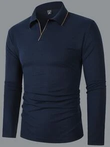 Manfinity Mode 男士長袖 Polo 衫，成熟休閒時尚款，秋季 - 寶藍色 - 查看 6