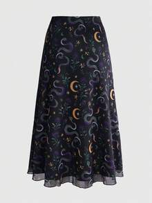 ROMWE Fairycore Plus Size Women's Forest Style Moth Multi-Color Floral Plant Mesh Print A-Line Skirt - Multicolor - View 2