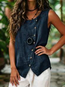 Zayélia Women's Solid Color Round Neck Single-Breasted Casual Vest - Navy Blue - View 3