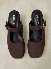 Styleloop Outdoor Women's Square Toe Pu Bottom Fleece Fabric, Fashionable, Simple, Breathable And Comfortable Party Buckle Style, Exposed Heel Shoes - dark brown - View 6